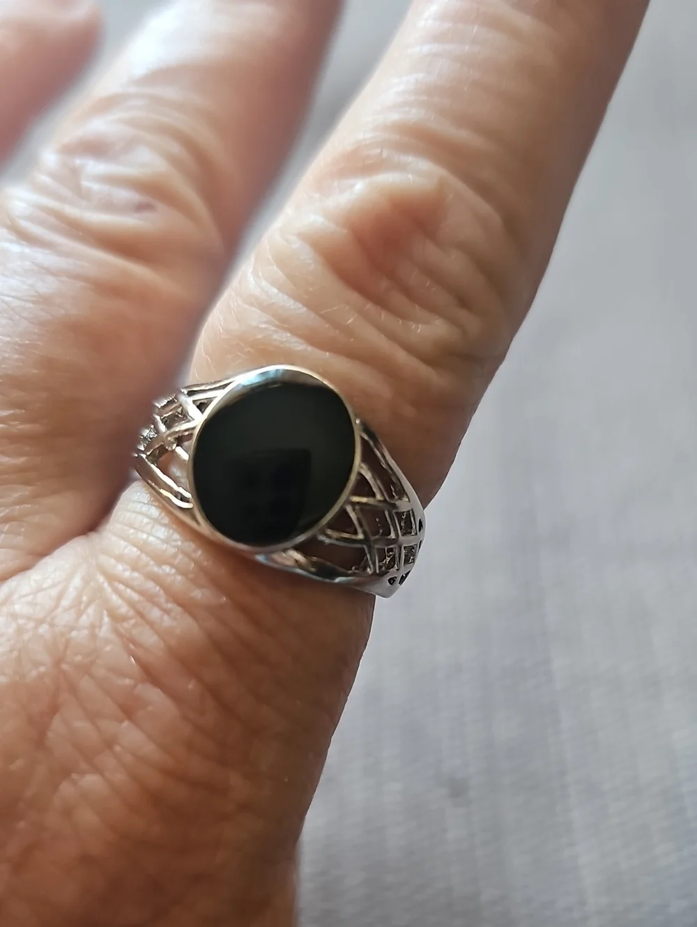Faux Black Onyx Silver Filigree Signet Ring Size 10